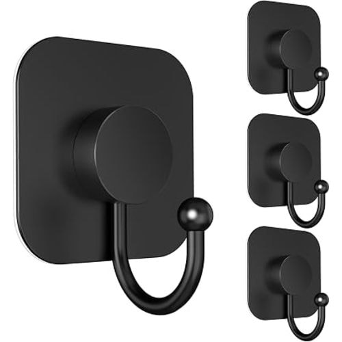 Aikzik 4 Pack Large Heavy Duty Wall Hooks - 26lb Max, Stainless Steel Adhesive Towel Hook, Shower Hooks for Hanging Towel, Coat, Robe, Wall Hook for Use in Bathroom, Kitchen and Door, Matte Black