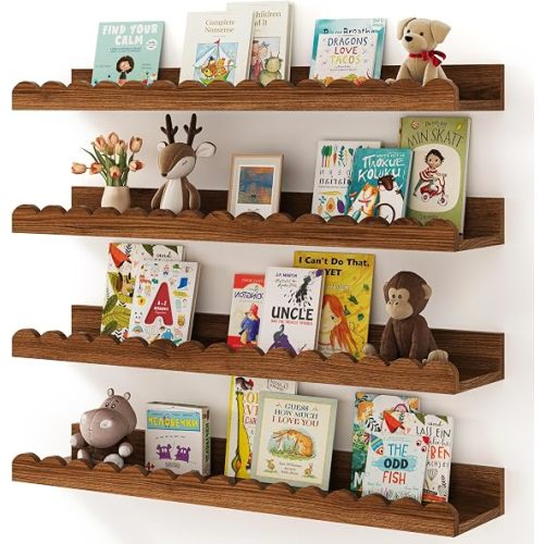 Shario Nursery Book Shelves, 4-Pack White Floating Shelves for Wall Kids, Scalloped Shelves, Wall Book Shelves for Bedroom Kids, Toddler Room, Baby Room, Nursery Decor