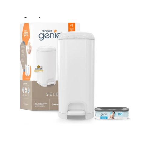 Diaper Genie Select Pail is Made of Durable Stainless Steel and Includes 1 Starter Square Refill That can Hold up to 165 Newborn-Sized Diapers.