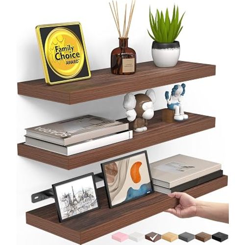 BAYKA Walnut-Like Floating Shelves 15.7in, 3 Pack, Wall Mounted Wall Decor