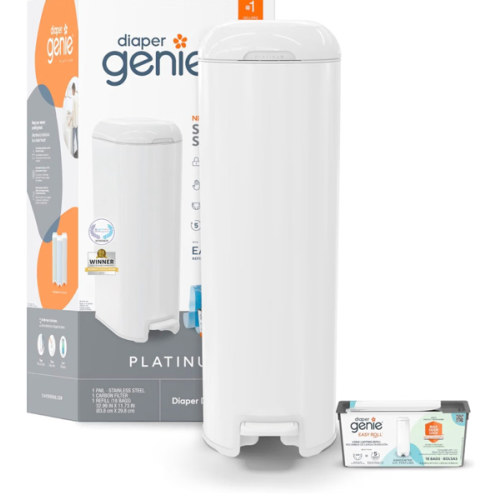 Diaper Genie Platinum Pail (Grey) is Made in Durable Stainless Steel and Includes 1 Easy Roll Refill with 18 Bags that can Last up to 5 Months.