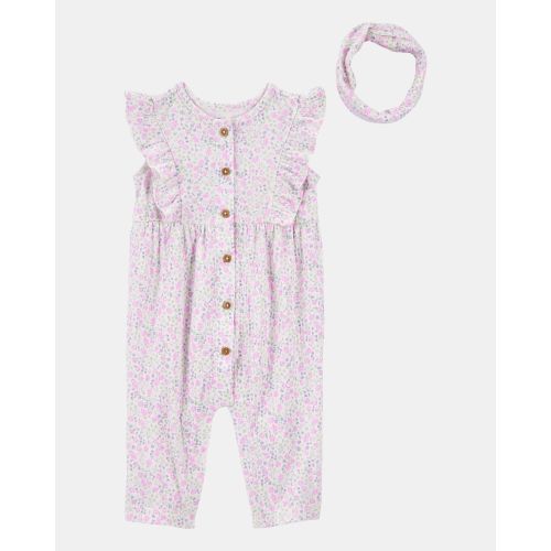 Baby 2-Piece Floral Jumpsuit & Headwrap - Purple