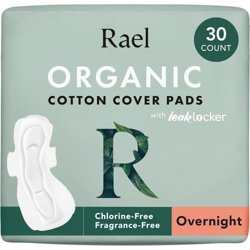 Rael Pads for Women, Organic Cotton Cover - Period Pads with Wings, Feminine Care, Sanitary Napkins, Heavy Absorbency, Unscented, Ultra Thin (Overnight, 30 Count)