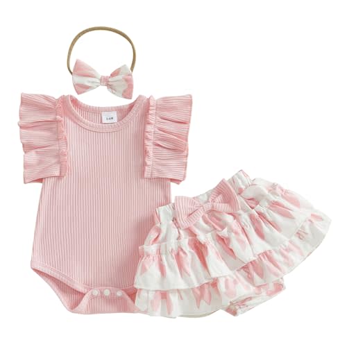 PUHHAPIEY Baby Girl Clothes Summer Infant Floral Outfit Ruffle Sleeve Knitted Romper + Layered Bloomers Shorts + Headband