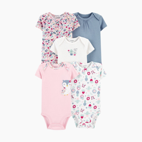 Carter's Short Sleeve Bodysuit (5 Pack) - Assorted Blue/Pink Owl & Cacti, 3M
