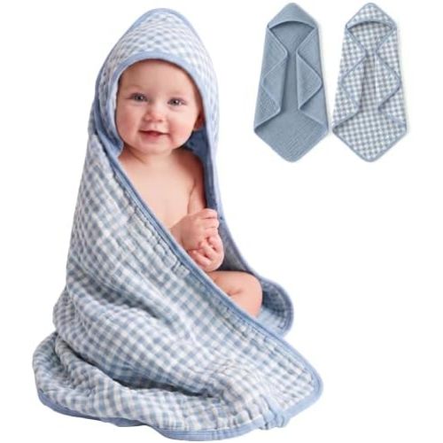 Hahafelt 2 Pack Muslin Hooded Baby Towels 100% Muslin Cotton, Blue