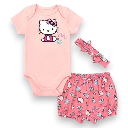 Hello Kitty Baby Girls' 3-Piece Bodysuit with Bloomer & Headband Set, Peach/Makeup, 6 Months