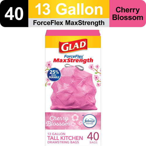 Glad ForceFlex MaxStrength 13 Gallon Tall Kitchen Drawstring Trash Bags, Cherry Blossom, 40 Bags