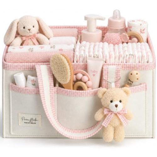 PeraBella Baby Diaper Caddy Organizer, Baby Basket Shower Gift Caddy, Portable Felt Changing Table Basket, Nursery Storage Bin, Newborn Boy and Girl Essentials for Registry, Car Diaper Organizer