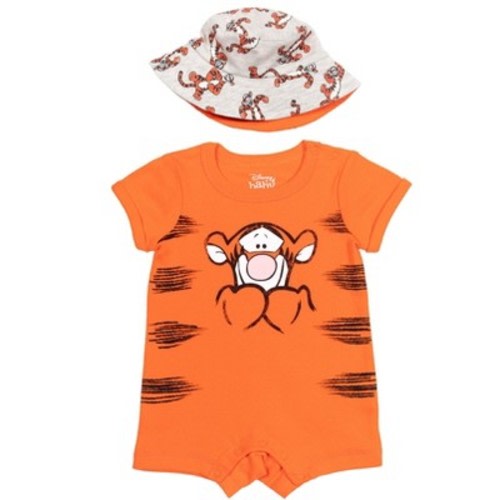 Disney Winnie the Pooh Baby Boys' 2-Piece Graphic Romper and Bucket Hat Set Tigger Orange 6-9 Months