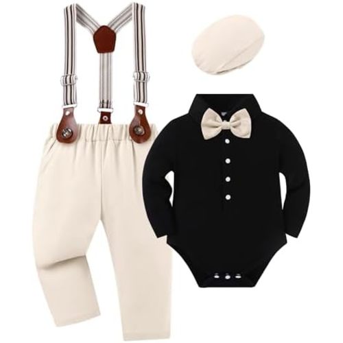 YUEMION Baby Boy Clothes Wedding Outfit Infant Tuxedo Gentleman Suits Dress Shirt+ Beret Hat +Suspender Pants +Bowtie 0-18M