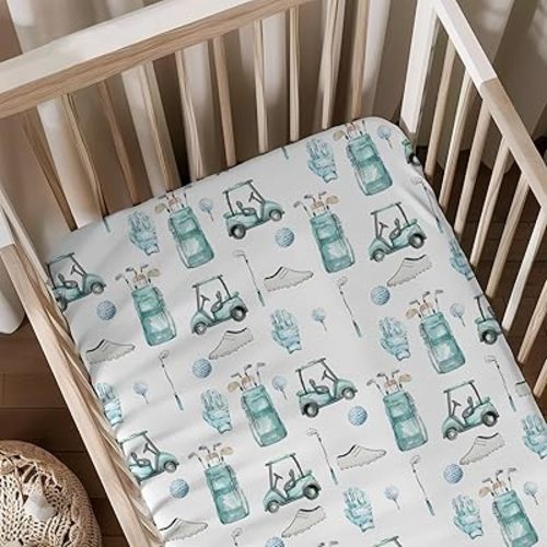 Watercolor Golf Pattern Baby Sheets for Crib, Unisex Sports Theme Nursery Fitted Bed Sheet for Boys Girls Standard Crib and Toddler Mattress-28x52