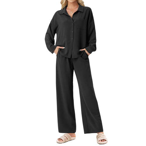MINTREUS Lounge Sets for Women Casual Long Sleeve Button Down Shirt and Drawstring Wide Leg Pants Two Piece Outfits with Pockets Pjs