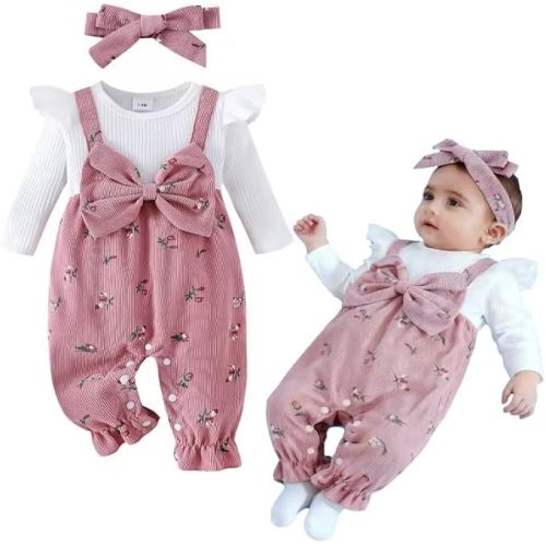 Infant Baby Girls Fall Outfit Long Sleeve Romper Floral Print Fake Two Pieces Patchwork Bow Jumpsuits And Headband Set