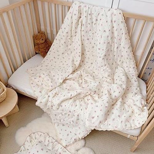 BuLuTu 100% Cotton Muslin Toddler Quilted Blanket for Girls Boys, Crib Toddler Bed Blankets with Cute Sheep Pink Flowers Print, Soft Lightweight Comforter for Young Children, 47x59 Inches