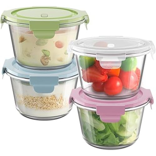 16oz Glass Meal Prep Containers, Airtight 2 Cup Glass Storage Containers with Lids, Heat-Resistant BPA-Free Borosilicate Glass Soup Container for Leftover, Microwave, Dishwasher&Freezer Safe (4 Packs)