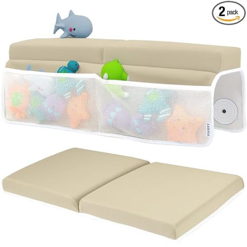 Comfortable Baby Bath Kneeler and Elbow Rest Pad Set – Thick Memory Foam Bath Kneeling Pad with Elbow Support – Baby Bathtub Cushion with Toy Organizer for Bathing Infant or Toddler - Beige