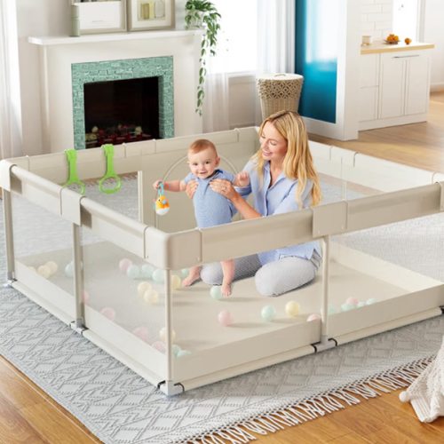 Fodoss Baby Playpen, Upgrade Playpen for Babies and Toddlers, 47x47inch Beige Play Pen for Babies with Hand Pulling Ring, Play Pen Center for Kids,Baby Fence,Kids Playards