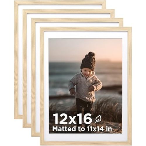KINLINK 12x16 Picture Frame Wood Grain, Wooden 16x12 Photo Frames with Plexiglass for 11x14 Picture with Mat or 12x16 Without Mat, Perfect for Art Wall and Tabletop Display 12 x 16 frame Set of 4