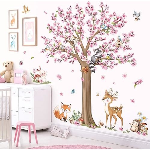decalmile Woodland Animals Large Flower Tree Wall Decals Cherry Blossom Deer Fox Wall Stickers Baby Nursery Kids Bedroom Living Room Wall Decor