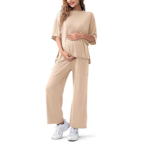 QUNISY Maternity Lounge Set 2 Piece Outfits Matching Short Sleeve Top Adjustable Long Pants Pregnancy Summer Loungwear