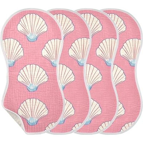 Seashell Pattern Muslin Baby Burp Cloths - Super Absorbent and Soft Burping Rags - Cotton Burp Clothes Set for Boys and Girls, 4 Pack