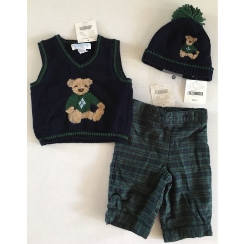 NWT Janie & Jack Teddy Bear Holiday 0-3 Months Plaid Pants Sweater Vest & Hat