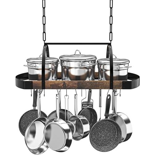 Hanging Pot Rack,32-Inch Ceiling Pot Rack for Kitchen,Space-Saving Pot Hanger with 16 Detachable S Hooks,Sturdy Metal Frame,Industrial Style,for Pot, Pan Storage,Space-Saving