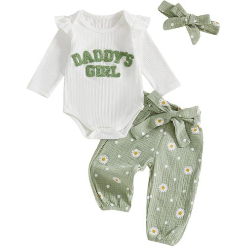 Tsnbre Newborn Baby Girl Outfits Daddys Girls Ruffle Long Sleeve Romper Top Pants Headband Infant Fall Winter Clothes