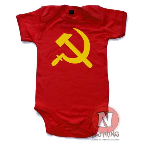 Hammer and sickle babygrow vest. Babygrow baby suit in sizes from 0-3 up to 12-18 months.