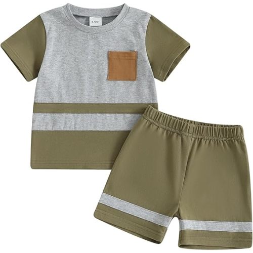 12-18 months, Infant Baby Boy Summer Clothes Outfit Color Block T-shirt Shorts Set Toddler Checkerboard Clothes 6 12 18 24 Months