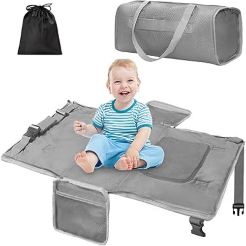Toddler Airplane Travel Bed, Airplane Seat Extender for Kids, Plane Must Have for Toddlers, Baby Travel Essentials for Flying, Portable Travel Bag Foot Rest for Flights(Grey)