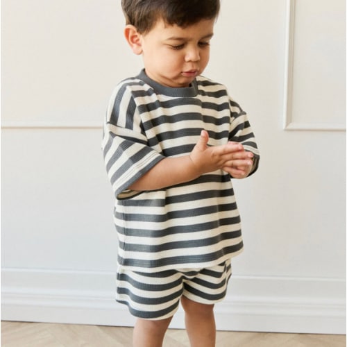 Organic Cotton Waffle Leith Short - Oliver Stripe Atlantic/Cloud – Jamie Kay USA
