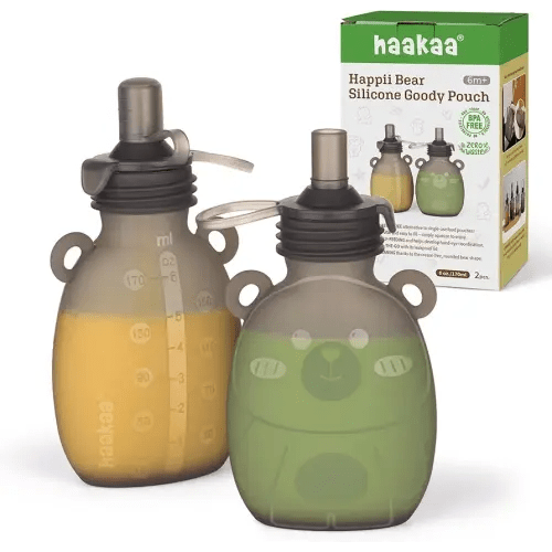 haakaa Happii Bear Silicone Goody Pouch,Reusable Baby Food Pouches for Homemade Organic Purees, Juices, Smoothies, and Yogurt - Perfect for Toddlers and Kids - 2 Pack, 6oz