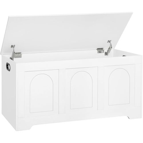 DINZI LVJ Storage Chest, 39.4” Wooden Toy Box with 2 Safety Hinges, Entryway Shoe Bench with Flip-Top, Sturdy Large Storage Trunk for Living Room, Bedroom, Playroom, Easy Assembly, White