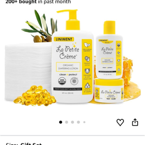La Petite Creme Premium French Diapering Gift Set: Includes Organic Diapering Lotion (8 oz), Travel-size Liniment Baby Lotion (2 oz), 1 Travel-size Diaper Balm (1 oz), 50 Disposable Cotton Pads