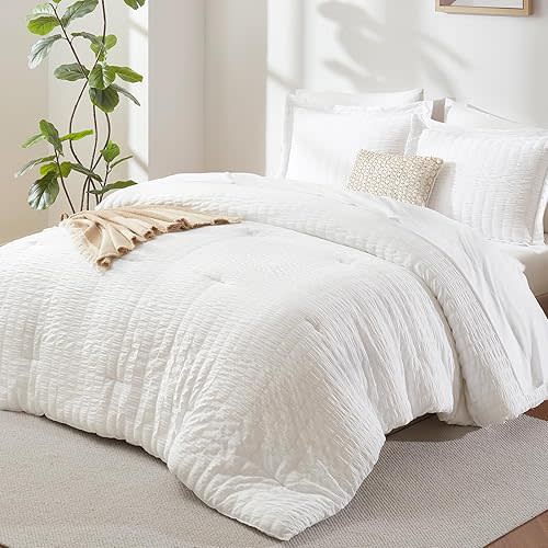 CozyLux Queen Comforter Set White Seersucker 7 Pieces Bed in a Bag Queen Comforter Set with Sheets, Luxury Soft Bedding Set with Down Alternative Comforter, Sheets, Pillowcases & Shams for All Seasons
