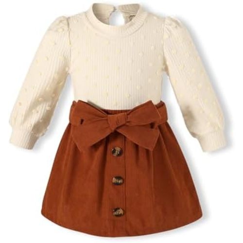 YOUNGER TREE Toddler Girl Knitted Skirt Outfits Long Sleeve Shirt Blouse Top Plaid Mini Dress Fall Winter Clothes Set