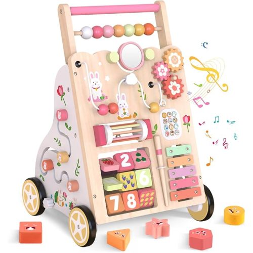 Wooden Baby Walker with Wheels, Push Walker with Baby Activity Center, Montessori Walking Toy for Girls Boys, Ajustable Speed & Height Activity Toy for Toddler Learning to Walk (Natural)