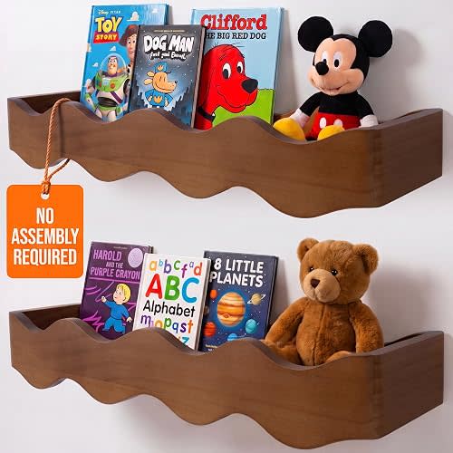 Ovalo Nursery Book Shelves Set of 2 - Solid Pine Wood Nursery Bookshelf, Floating Nursery Shelves for Wall, Wall Bookshelf for Kids Room, No-Assembly Wall Mounted Baby Book Shelf. (Walnut Brown)