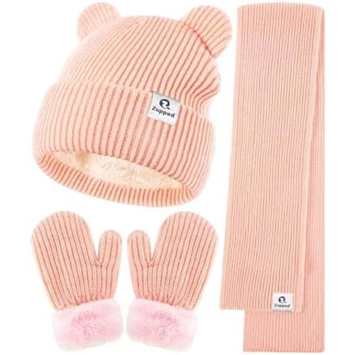 Baby Beanie Mittens Scarf Set,Toddler Infant Kids Winter Hat with Bear Ear Thermal Gloves Neck Warmer Set for Girls Boys