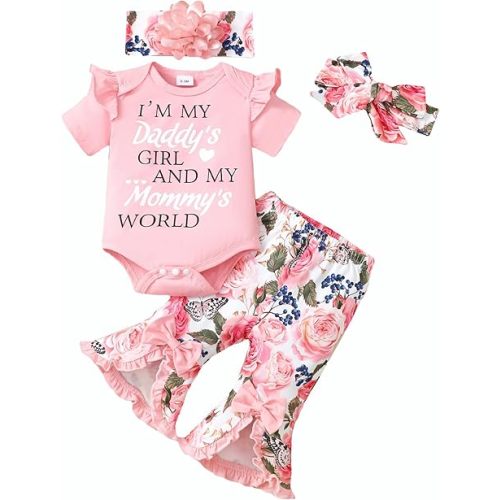 SUNNY PIGGY Newborn Baby Girl Clothes Infant Outfits Romper Floral Fall Outfit Bell Bottoms Pant Sets Hat Headband Flowerpant