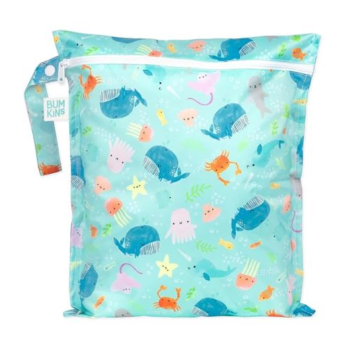 Bumkins Waterproof Wet Bag for Baby, Travel, Swim Suit, Cloth Diapers, Pump Parts, Pool, Beach, Gym Clothes, Toiletry, Hook to Stroller, Daycare, Zipper Reusable Wetdry Packing Pouch, Ocean Life Blue