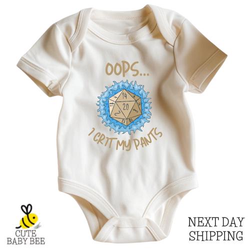 Oops I Crit My Pants Bodysuit, Funny Custom Text Baby Shower Gift, DND Geek Kids Shirt & One Piece