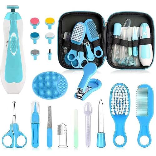 Baby Grooming Kit - 19 in 1 Nursery Essentials Baby Registry Shower Gift for Newborns, Infants, Toddlers, Boys, Girls Kids-Safety Baby Comb, Brush, Finger Toothbrush, Nail Clippers, Scissors(Blue)