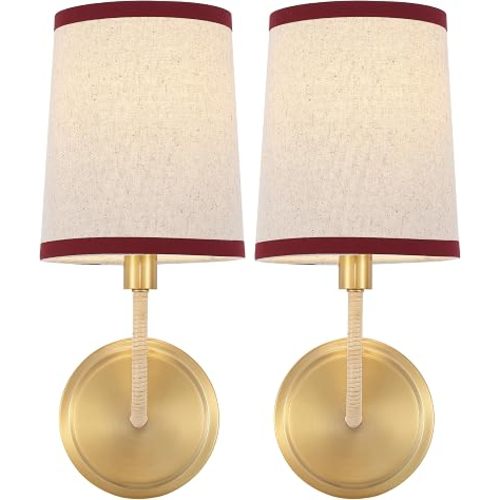 SAFAVIEH Lighting Collection – Carter Set of 2 Wall Sconces, Brass Gold Metal with Oatmeal Fabric Shade & Red Trim, Modern Classic Accent Lighting (SCN4151A-SET2)
