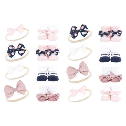 Hudson Baby Infant Girl 16Pc Headband and Socks Giftset, Blue Blush Floral, One Size