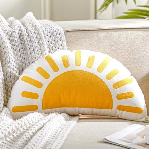 Newwiee Sunshine Throw Pillow for Classroom Reading Corner Boho Sun Pillow Back to School Decor Soft Velvet Semicircular Cushion for Book Nook Student Dorm Room and Cozy Reading Spot 15.75 x 9.84 Inch