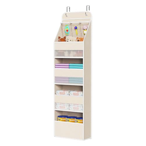 Univivi 5-Shelf Over Door Hanging Organizer Fabric Door Storage with 4 Large Pockets and 3 Small PVC Pockets Wall Mount Hanging Storage Organizers for Baby Nursery (Beige Pattern)