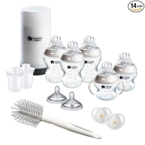 Tommee Tippee Natural Start Ready for Baby Bottle Set, 5oz & 9oz Self-Sterilizing Baby Bottles, Slow & Medium Flow Breast-Like Nipples with Anti-Colic Valves, 0-6 month pacifiers, Travel Bottle Warmer